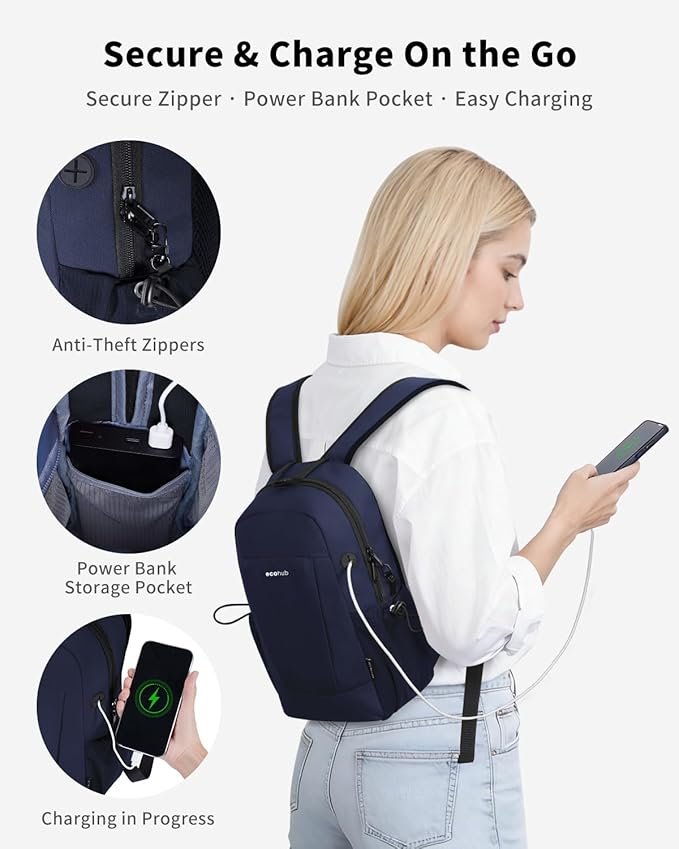 ECOHUB Mini Anti-Theft RFID Backpack for Women and Men, Water-Resistant, Lightweight Travel Daypack with iPad Sleeve, Key Holder, 9 Pockets, Stylish Comfortable, Blue