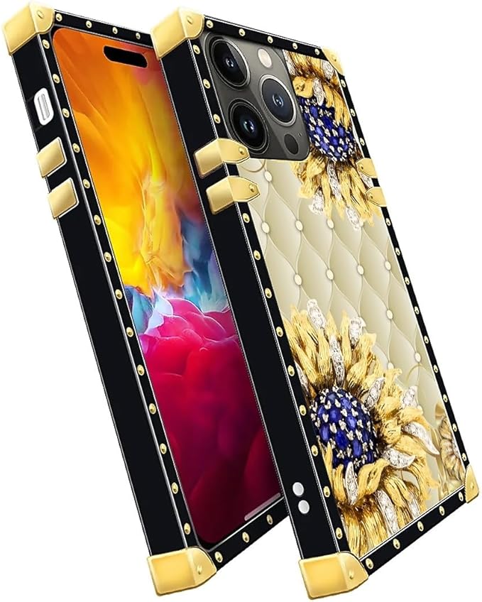 Compatible with iPhone 15 Pro Max Case, Sunflower Diamonds Leather Luxury Golden Decoration for Girl Women Soft TPU Shockproof Protective Hard PC Back for iPhone 15 Pro Max