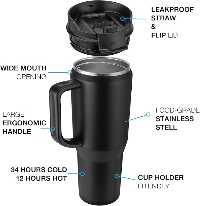 EALGRO 50 oz Tumbler with Handle, Insulated Tumblers with Lid and Straw, Large Metal Sports Water Bottle Jug, Thermal Stainless Steel Travel Coffee Mug Cup, Navy