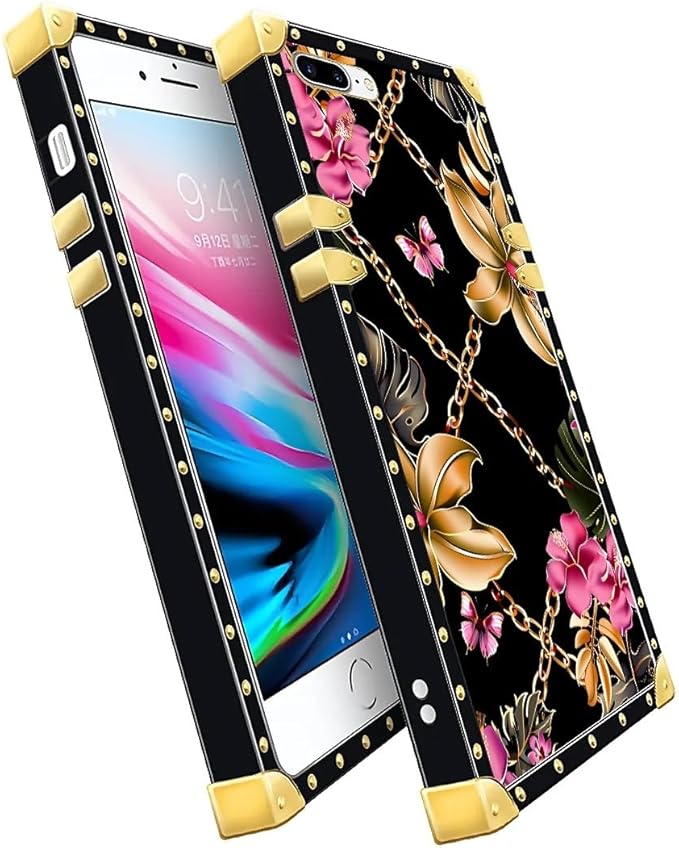 Compatible with iPhone 8 Plus 7 Plus Case, Pink Golden Chain Tropical Flower Luxury Golden Decoration for Girl Women Soft TPU Shockproof Protective Hard PC Back