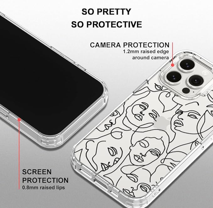 MOSNOVO Case for iPhone 15 Pro Max, [Buffertech 6.6ft Military-Grade Drop Protection] [Anti Peel Off Tech] Clear TPU Bumper Phone Case Cover Design - Abstract Face Line Art