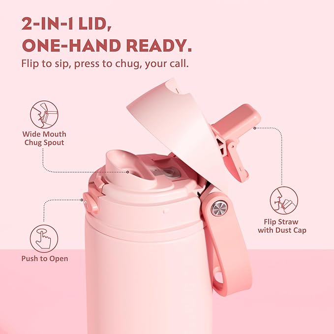 POWCAN 18 oz Insulated Water Bottle: 2-in-1 Push-Button Spout & Quick-Flip Straw, Leakproof, Cold 24Hrs, Fits Car Cup Holder, Stainless Steel Water Bottle for Sports, Travel, School (Cotton Candy)