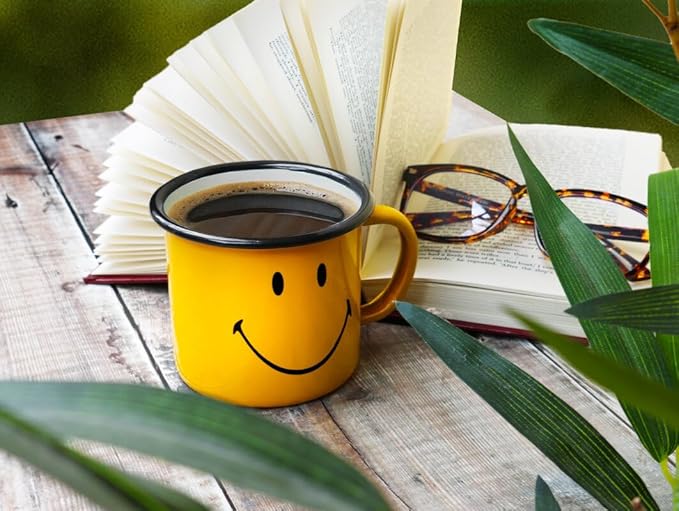 Suck UK Smiley Enamel Tea Mug - Coffee Cup - Camping Gear - Vintage Metal Camping Cup - Outdoor Camper Gift - Coffee Gifts for Men - Retro Enamelware - Stocking Stuffers Mug - Smiley Drinkware 12oz