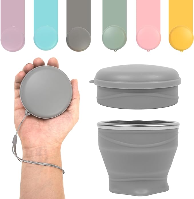 Collapsible Travel Cup with Lid (6oz/180ml) - BPA Free Silicone Folding Cup with Stainless Steel Rim - Portable Pocket Cup for Mouthwash, Pills, Hiking, Camping & Kids(Elegant gray)