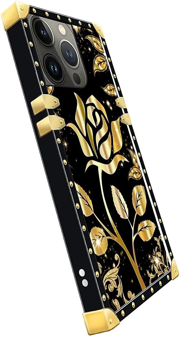 Compatible with iPhone 14 Pro Max Case, Shine Gold Rose Luxury Golden Decoration for Girl Women Soft TPU Shockproof Protective Hard PC Back for iPhone 14 Pro Max