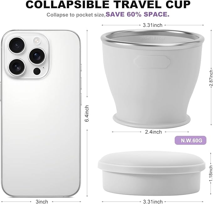 Collapsible Travel Cup, BPA-Free Reusable Water Cup, Lightweight Drinking Cups with Lids and Carrying Strap, Dishwasher Safe Silicone Cups for Camping, Travel, Airports, Hotel (6.7oz, Gray)