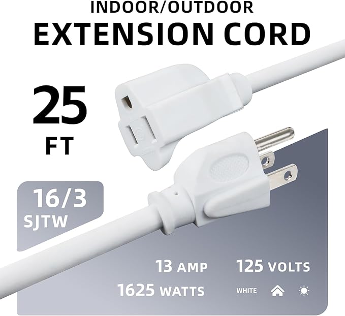 EP 25 Ft Outdoor Extension Cord - 16/3 SJTW White Electrical Cable with 3 Prong Grounded Plug