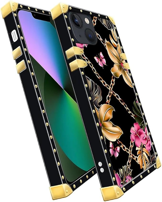 Compatible with iPhone 13 Case, Pink Golden Chain Tropical Flower Luxury Golden Decoration for Girl Women Soft TPU Shockproof Protective Hard PC Back for iPhone 13