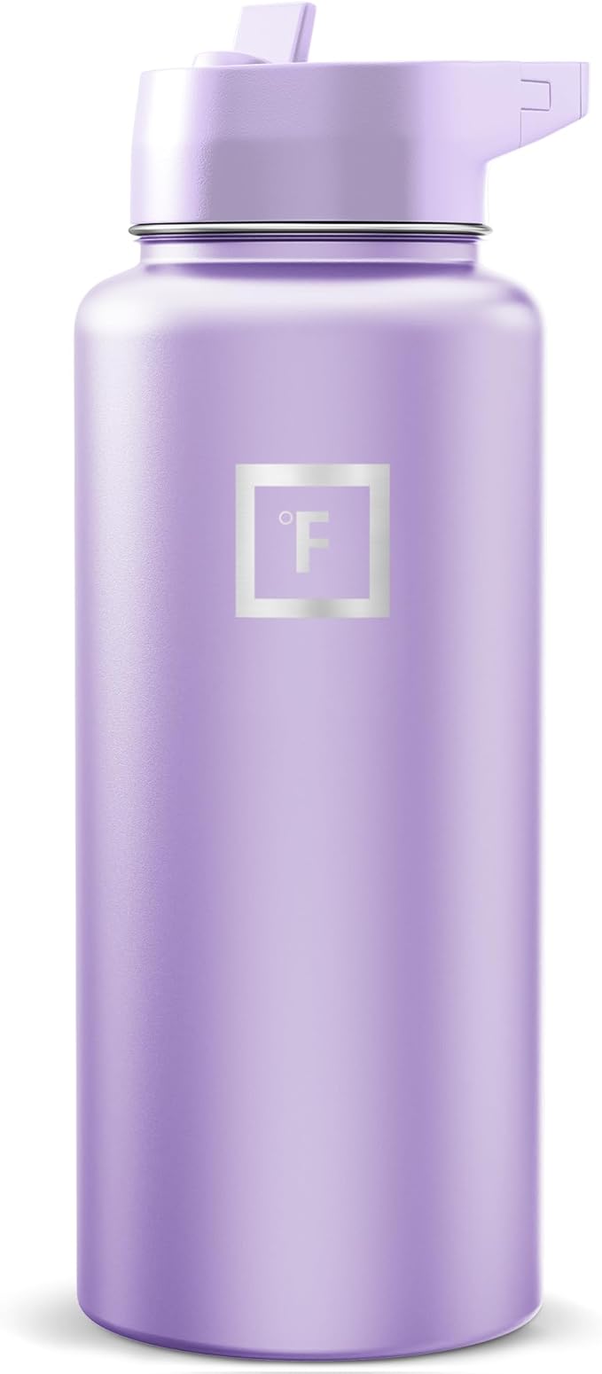 IRON °FLASK Camping & Hiking Hydration Flask with Straw, Wide Mouth Insulated Stainless Steel Sports Water Bottle - Lavender 32 oz - Straw (1 Lid)
