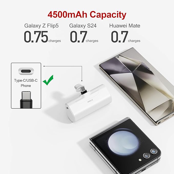 iWALK Small USB-C Portable Charger, 4500mAh Portable Charger for iPhone 17/16/15 Series Power Bank for Samsung Galaxy S25/S24/S23 Ultra, Z Flip 5, Note, Moto, LG, Google Pixel, White