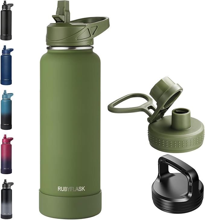 RUBYFLASK 40oz Insulated Water Bottle with Straw, Stainless Steel Metal Vacuum Water Flask, Large Thermal Water bottle with Leakproof 3 Lids for Travel, Camping, Gym Sports Armygreen