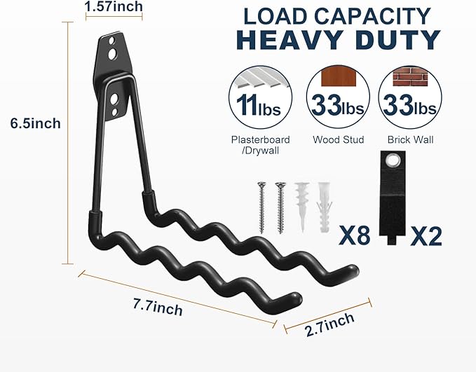 Garage Hooks Heavy Duty, 4 Pack Wave Steel Garage Storage Hooks with Anti-Slip Coating, Multi-Purpose Ladder Hooks for Hanging Garden Tools, Hoses, Bikes and Folding Chairs (Black)