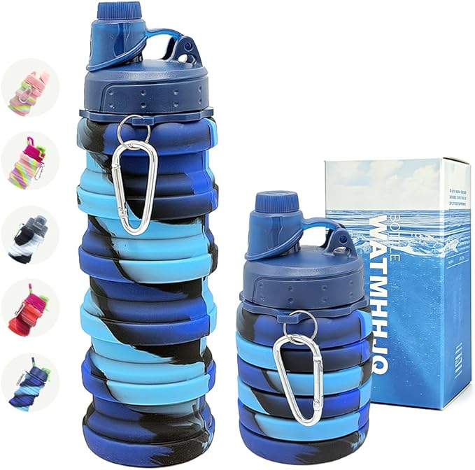 Silicone Collapsible Water Bottles, 16oz（500ml） Portable Foldable Expandable Water Bottle Sports Cups, Leak Proof Reusable BPA Free, for Outdoor Activities (Blue)