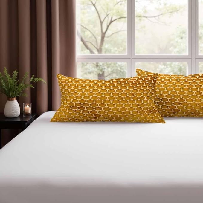 Bee Honeycomb Throw Pillow Covers 12 X 20 Yellow Honey Abstract Set of 2 Pillow Cases Rectangular Velvet Outdoor Pillowcases Decorative for Home Bed Sofa Couch Hotel