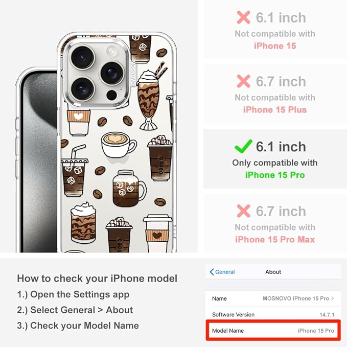 MOSNOVO Case for iPhone 15 Pro, [Buffertech 6.6ft Military-Grade Drop Protection] [Anti Peel Off Tech] Clear TPU Bumper Phone Case Cover Design - Coffee