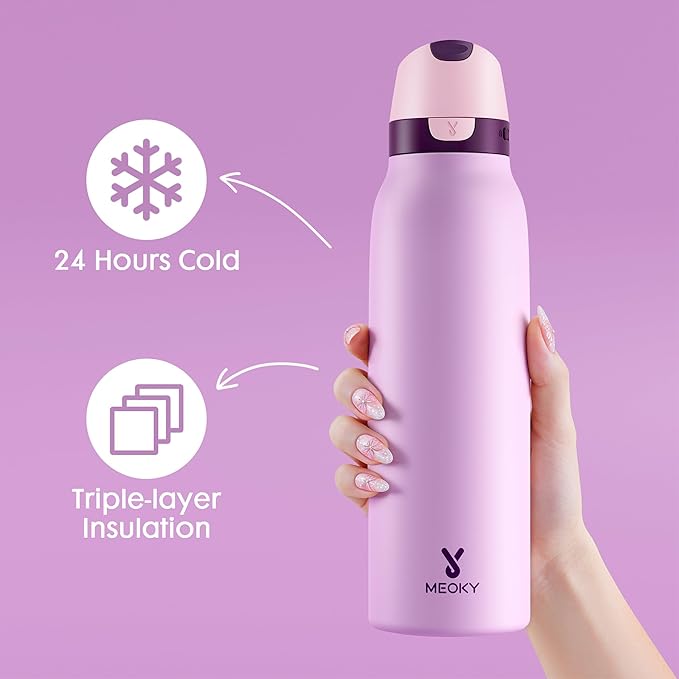 Meoky 24 oz Stainless Steel Slim Water Bottle: Leak Proof Locking Lid, 2-in-1 Straw and Spout, 24 Hours Cold, Top Handle, BPA Free, Insulated Water Bottle for Women Sports Travel Gym, Lavender