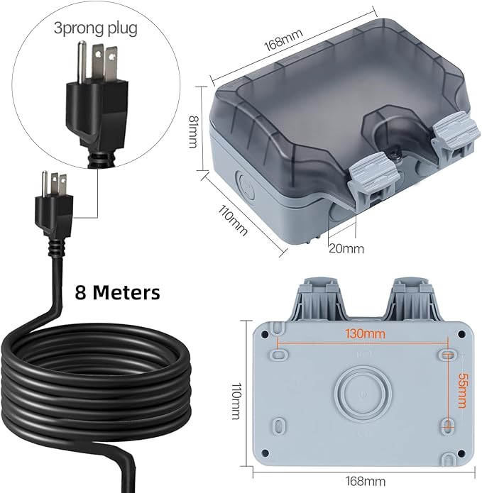 Outdoor Power Outlet Box with 26.3Ft Extension Cord, NEMA 5-15R, STW 14 AWG, Weatherproof Waterproof IP66 Electrical Outlet Extender, Exterior Wall Power Socket w/Cover for Garden