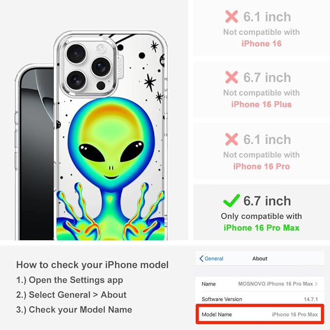MOSNOVO Case for iPhone 16 Pro Max, [Buffertech 6.6ft Military-Grade Drop Protection] [Anti Peel Off Tech] Clear TPU Bumper Phone Case Cover Design - Alien Piece
