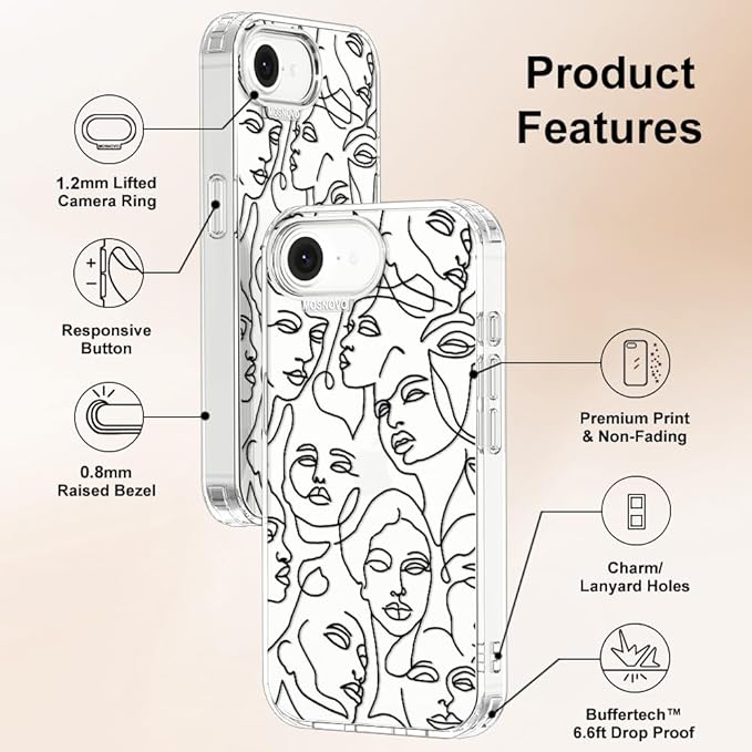 MOSNOVO for iPhone 17e Case/iPhone 16e Case, Shockproof Military-Grade Protection 6.6ft Drop Tested, Clear Phone Case for iPhone 16e / iPhone 17e, Abstract Face Line Art Design
