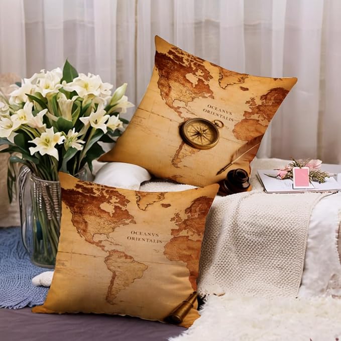 7COLORROOM Set of 2 Vintage World Map Pillow Covers Navigation Compass Square Decorative Throw Pillow Case Cotton Linen Cushion Cover 18”X 18” for Home Sofa Bedding Decoration (Brown map)