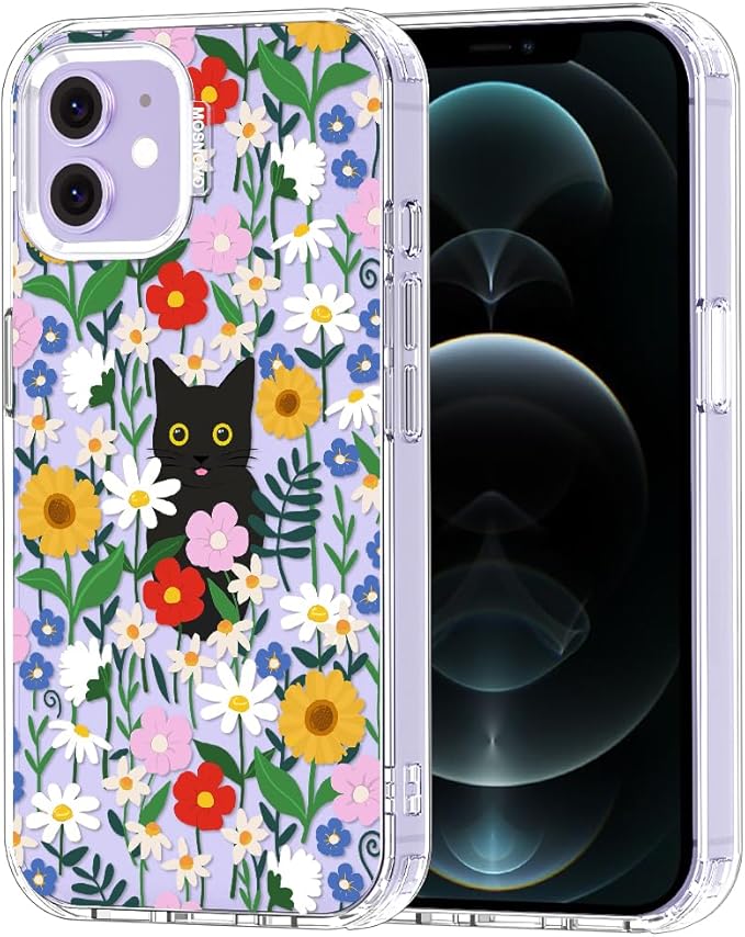 MOSNOVO Case for iPhone 12 & iPhone 12 Pro, [Buffertech 6.6ft Military-Grade Drop Protection] [Anti Peel Off Tech] Clear TPU Bumper Phone Case Cover Design - Black Cat in Garden