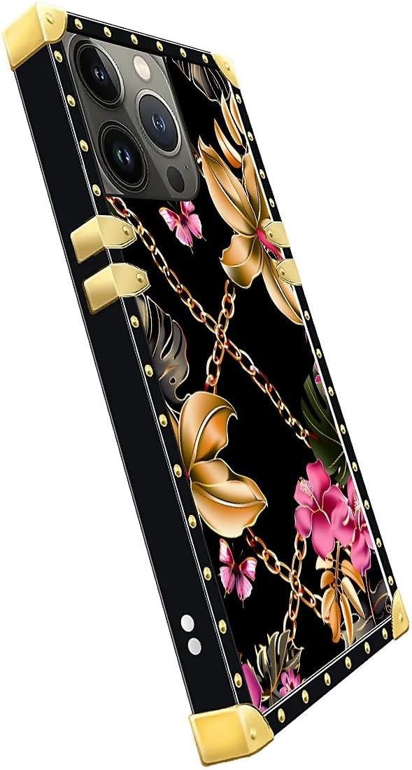 Compatible with iPhone 13 Pro Case, Pink Golden Chain Tropical Flower Luxury Golden Decoration for Girl Women Soft TPU Shockproof Protective Hard PC Back for iPhone 13 Pro