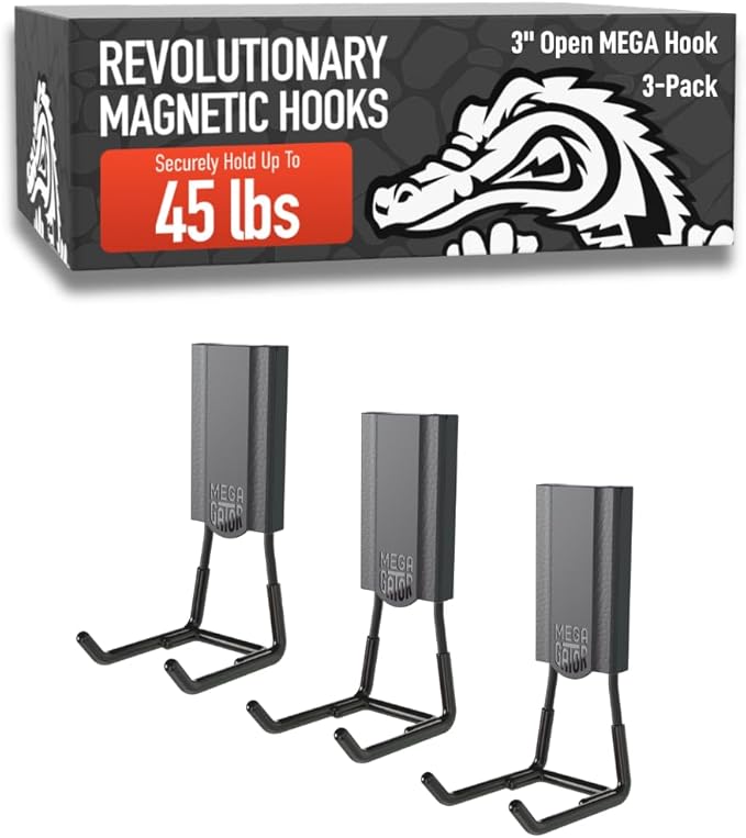 GATOR MAGNETICS MEGA 3 in Open Hooks, 45 lb Heavy Duty Magnetic Hooks for Steel Surfaces, Patented Easy-Release, Non-Slip Grip – Storage & Organization, Garage, Home Tools & Gear Storage – 3 Pack