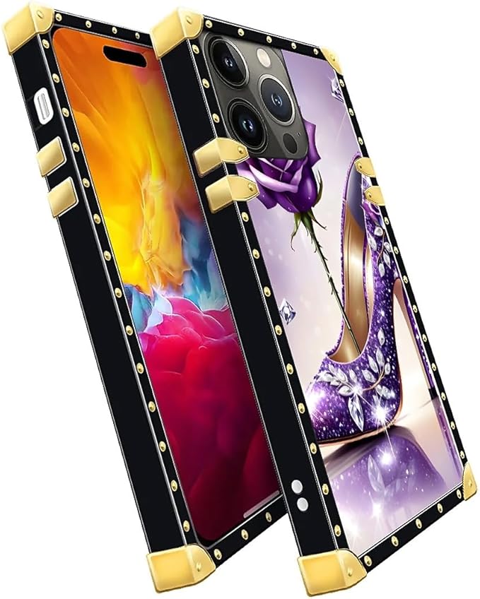 Compatible with iPhone 15 Pro Max Case, High Heeled Purple Diamond Rose Luxury Golden Decoration for Girl Women Soft TPU Shockproof Protective Hard PC Back for iPhone 15 Pro Max