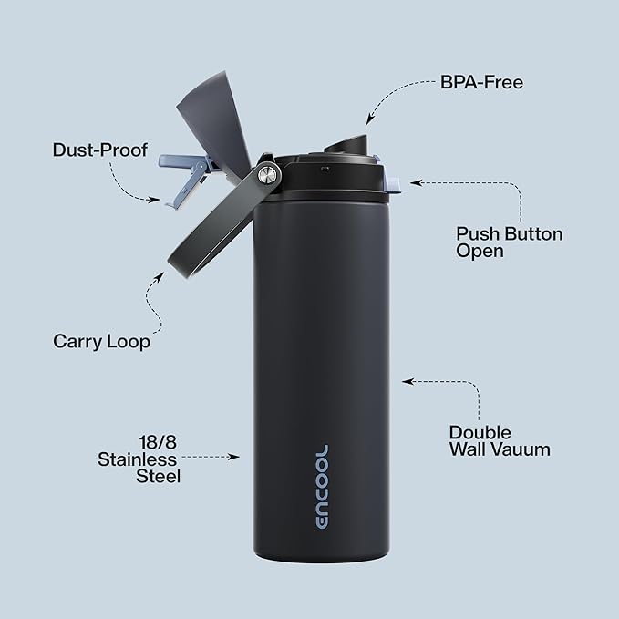 Insulated Water Bottle with Straw - Encool Stainless Steel Water Bottle with Push Button Lid, Leak-Proof & BPA-Free, Keeps Cold for 24 Hours for Sports, Travel, Gym (24 oz, Tuna Grey-Silver)