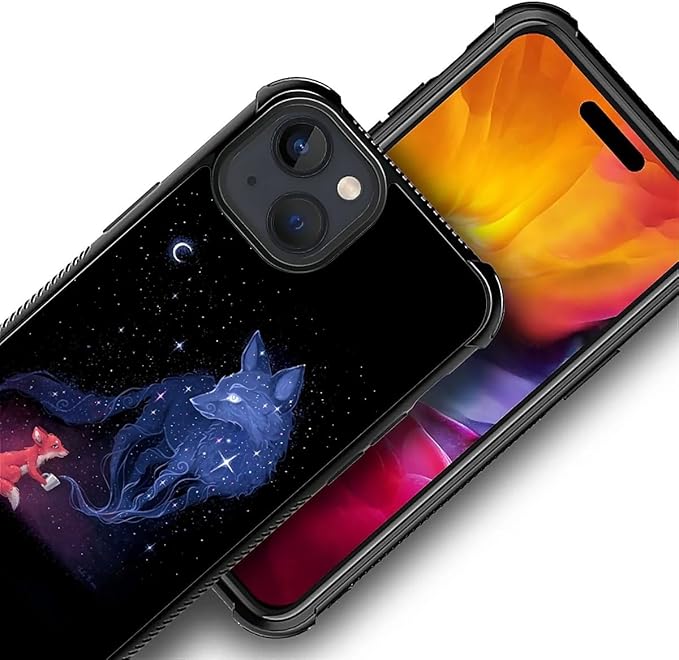 for iPhone 15 Plus Case, Galaxy Fox Wolf Pattern Graphic Design Girl Boy Soft Silicone Hard Acrylic Shock Protection for iPhone 15 Plus