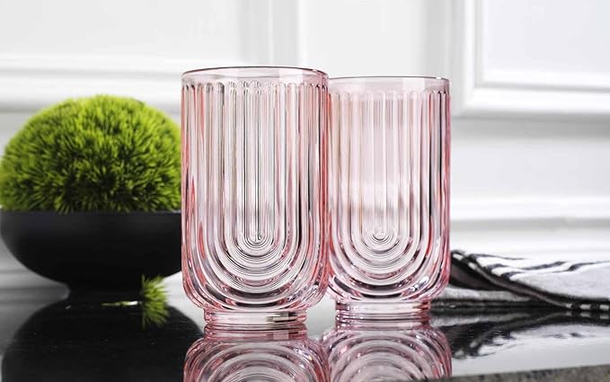 Glaver's Vintage Glassware Art Deco Glasses Ribbed Drinking Glasses U-Shape Arch Design Colored Cocktail Kitchen Tumblers Everyday Dinner Decorative Party (Pink S/4 17oz)