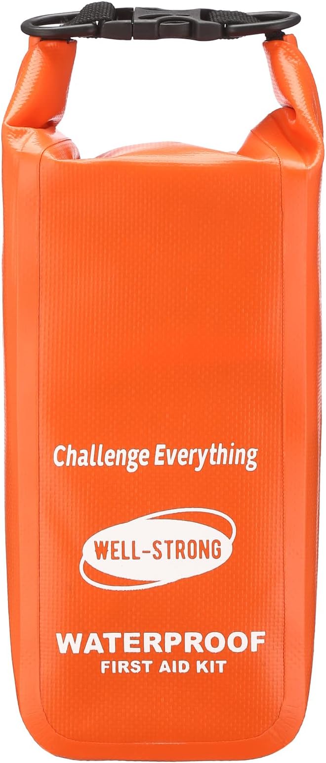 Boat First Aid Kit Waterproof, WELL-STRONG Marine Emergency Kit with Roll Top Dry Bag for Boating Fishing Kayaking – Water-Resistant Contents for Camping & Beach（Orange）