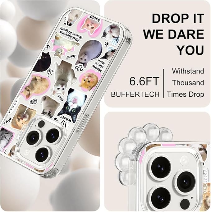 MOSNOVO Case for iPhone 15 Pro, [Buffertech 6.6ft Military-Grade Drop Protection] [Anti Peel Off Tech] Clear TPU Bumper Phone Case Cover Design - The Cat Brigade
