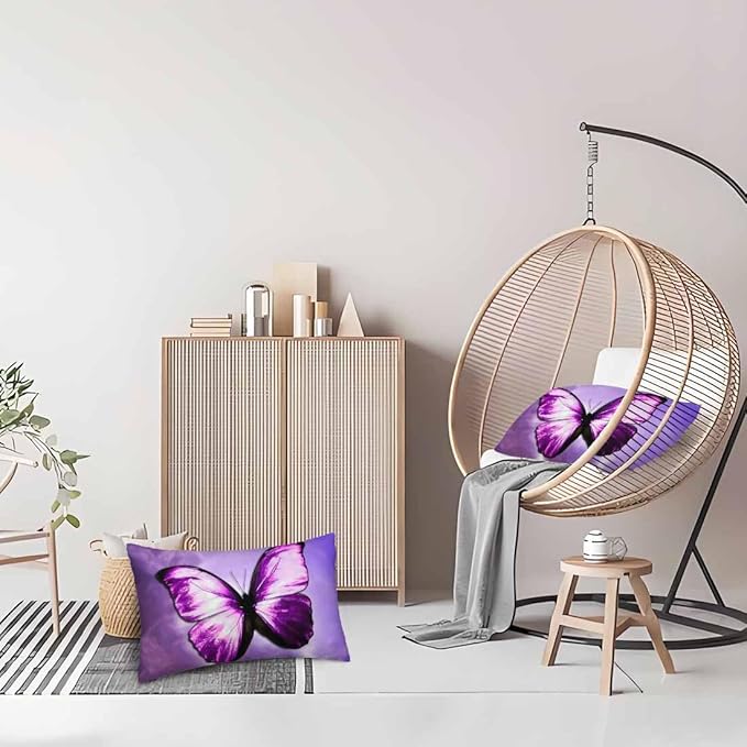 Purple Butterfly Couch Pillow Covers 12 X 20 Vibrant Magical Nature Insect Set of 2 Pillowcases Velvet Outdoor Cushion Pillow Cases Decorative for Home Bed Sofa Couch Hotel