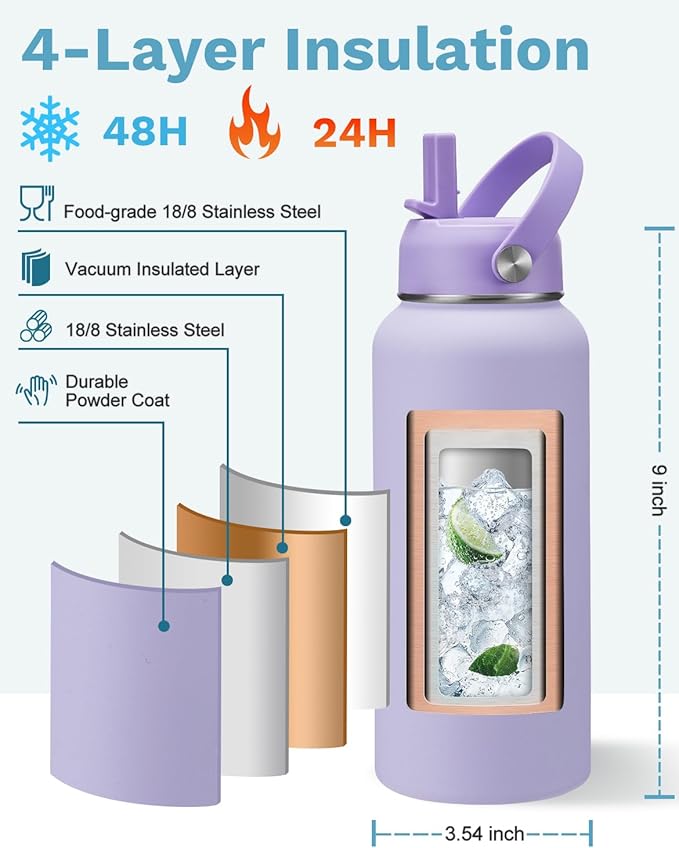 BENZZO 32 oz Insulated Water Bottle with Straw - Pop-up Spout Lid, Paracord Handle, Carrier Bag with Strap, Leak Proof Stainless Steel Water Bottle 32oz, Cold Flask Jug for Traveling Hiking