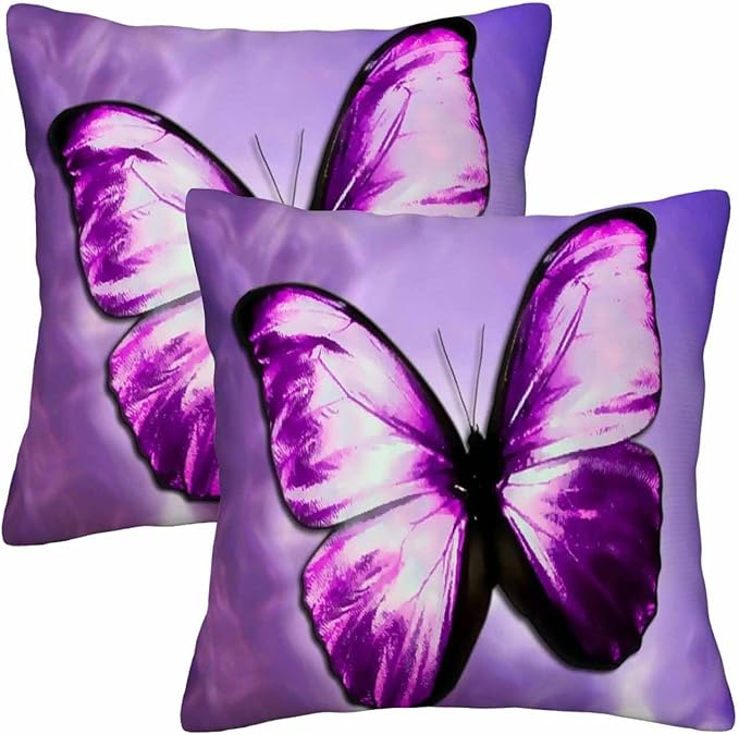 Purple Butterfly Couch Pillow Covers 18 X 18 Vibrant Magical Nature Insect Set of 2 Pillowcases Square Velvet Outdoor Cushion Pillow Cases Decorative for Home Bed Sofa Couch Hotel