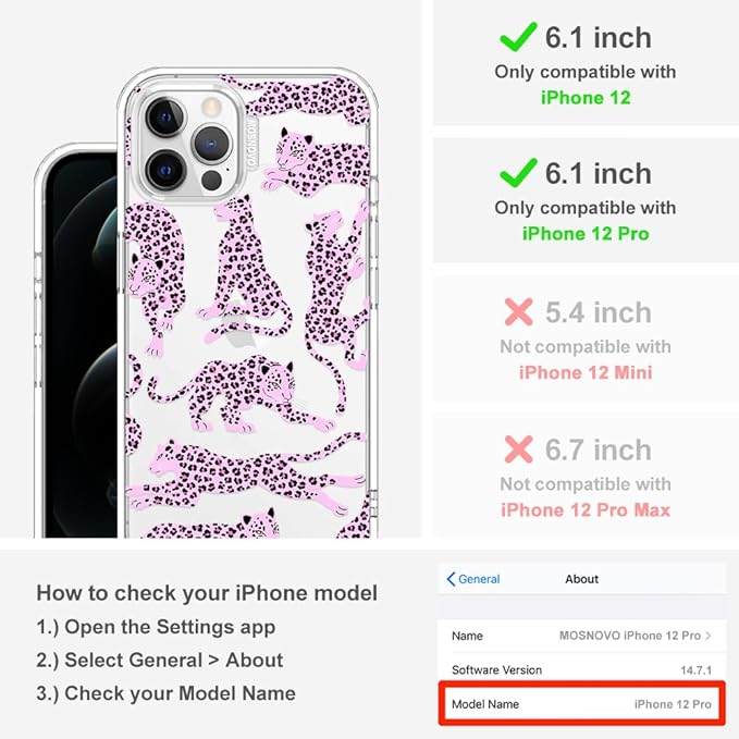 MOSNOVO Case for iPhone 12 & iPhone 12 Pro, [Buffertech 6.6ft Military-Grade Drop Protection] [Anti Peel Off Tech] Clear TPU Bumper Phone Case Cover Design - Pink Leopard