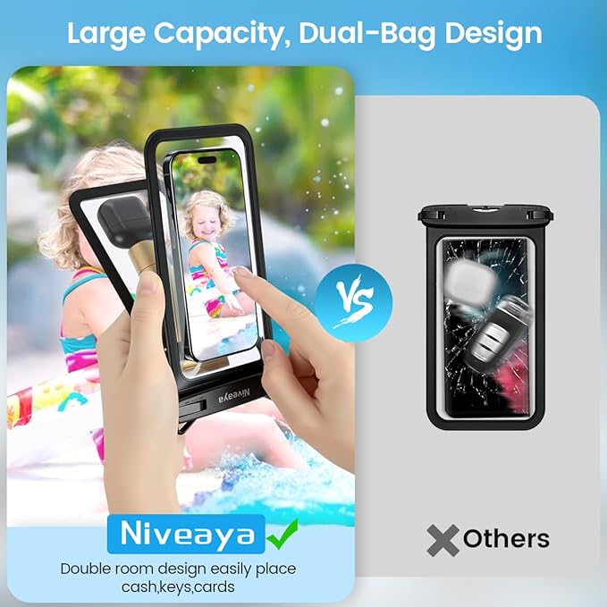 Niveaya Double Space Waterproof Phone Pouch, IPX8 Phone Case with Lanyard for iPhone 17 16 15 Pro Max, Galaxy S25 Ultra, Cellphone Dry Bag for Beach, Cruise Travel Ship Essentials 2 Pack (up to 8.3")