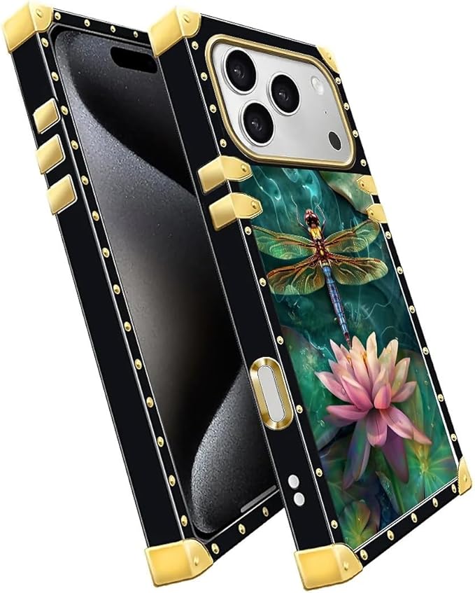 for iPhone 17 Pro Case Luxury Golden Decoration for Girl Women Soft TPU Shockproof Protective Hard PC Back for iPhone 17 Pro Crazy Pattern Colourful Dragonfly Pink Lily Pads
