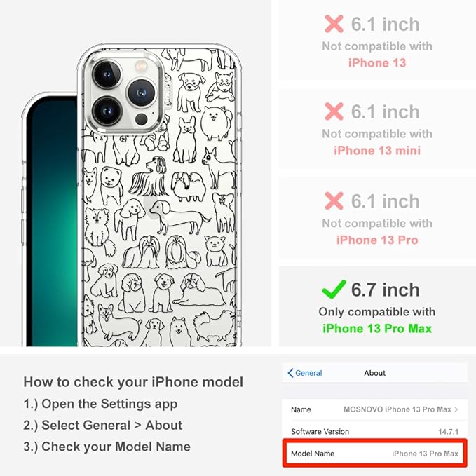 MOSNOVO Case for iPhone 13 Pro Max, [Buffertech 6.6ft Military-Grade Drop Protection] [Anti Peel Off Tech] Clear TPU Bumper Phone Case Cover Design - Doodle Dog