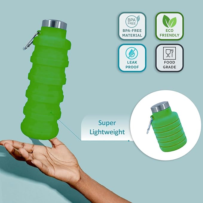 Collapsible Water Bottles 17oz, Odorless BPA-Free Silicone, Leak-Proof Foldable Reusable Bottle - Perfect for Travel Sports Gym Hiking Camping Cycling - Green