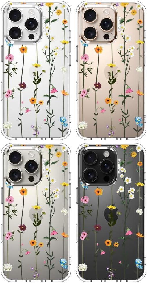 MOSNOVO Case for iPhone 16 Pro, [Buffertech 6.6ft Military-Grade Drop Protection] [Anti Peel Off Tech] Clear TPU Bumper Phone Case Cover Design - Wildflowers
