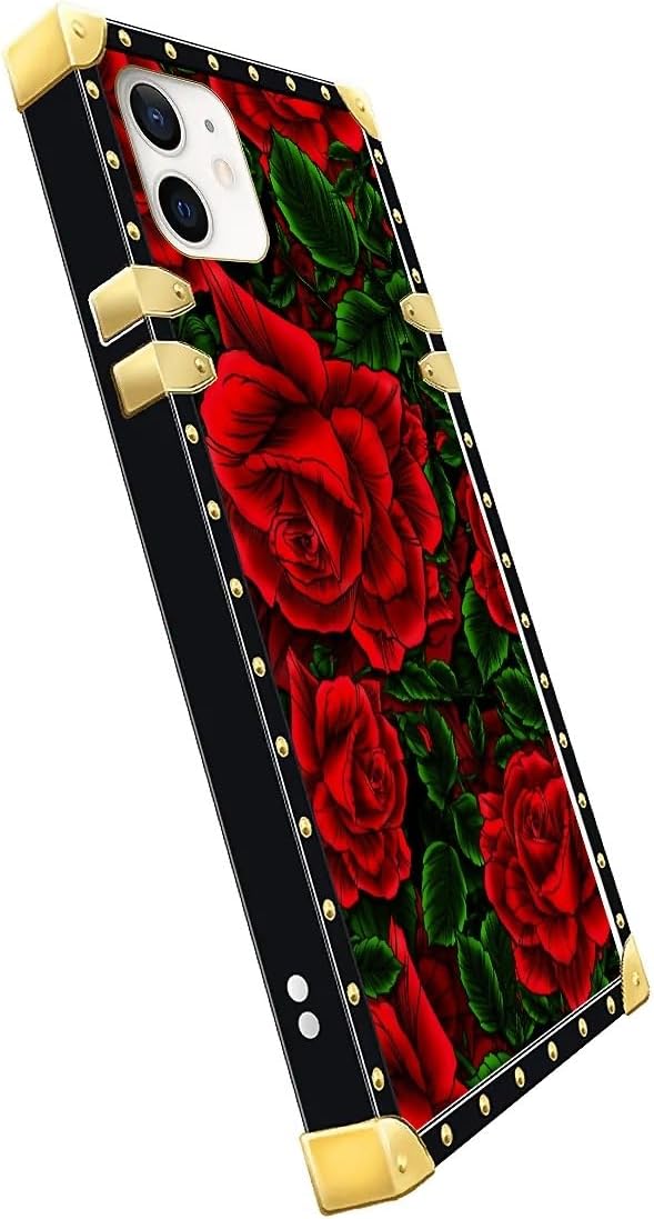 Compatible with iPhone 11 Case, Vector Red Rose Green Leaf Luxury Golden Decoration for Girl Women Soft TPU Shockproof Protective Hard PC Back for iPhone 11