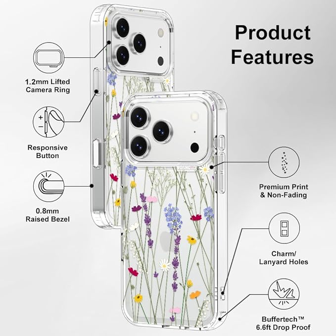 MOSNOVO for iPhone 17 Pro Case | Military Grade 6.6ft Drop Tested | Camera Control | Clear with Floral Garden Design