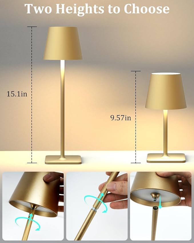 Fizrice Cordless Table Lamp, 6000mAh Battery Operated, 250LM Adjustable Brightness IP65 Height Adjustable - Set of 2 Gold Wireless Lamps for Restaurant Patio Bedside Outdoor Cafe & Home Decor