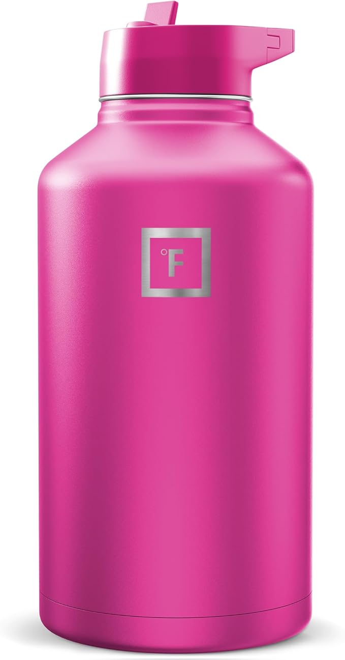 IRON °FLASK Camping & Hiking Hydration Flask with Straw, Wide Mouth Insulated Stainless Steel Sports Water Bottle - Pink Tulip 64 oz - Straw (1 Lid)