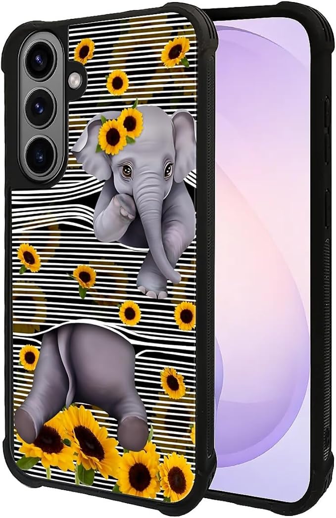 for Samsung Galaxy S26 Plus Case,Graphic Design for Girl Boy Soft Silicone Hard Acrylic Shock Protection Designed Cute Little Elephant Sunflower White Line Art Pattern
