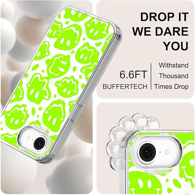 MOSNOVO for iPhone 17e Case/iPhone 16e Case, Shockproof Military-Grade Protection 6.6ft Drop Tested, Clear Phone Case for iPhone 16e / iPhone 17e, Distorted Green Smiles Face Design