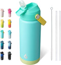 BJPKPK Insulated Water Bottle with Straw Lid, 18oz Thermo Water Bottles, Flex Handle & Non-slip Boot, BPA Free Leak Proof Stainless Steel Metal Thermo, Tumblers, Cups,Twilight Blue