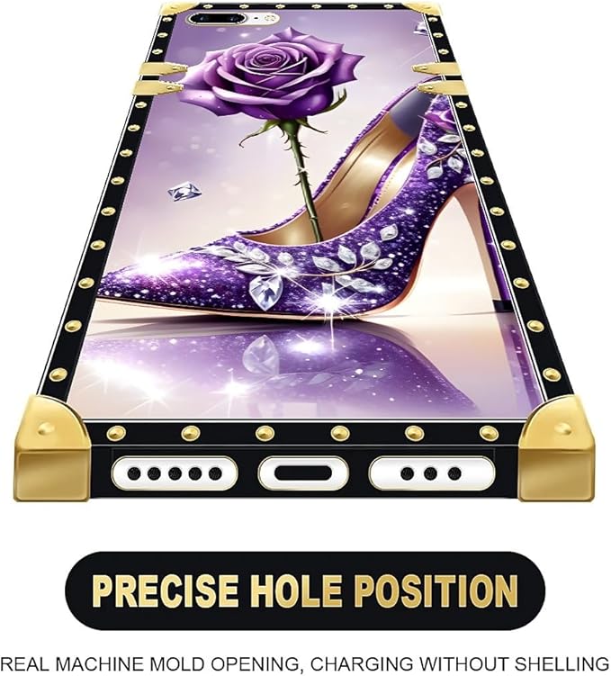 Compatible with iPhone 8 7 SE Case, High Heeled Purple Diamond Rose Luxury Golden Decoration for Girl Women Soft TPU Shockproof Protective Hard PC Back for iPhone 8 7 SE